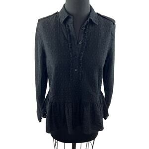 KATE SPADE Broome Street Black Eyelet Long Sleeve Button Placket Peplum Top Sz S